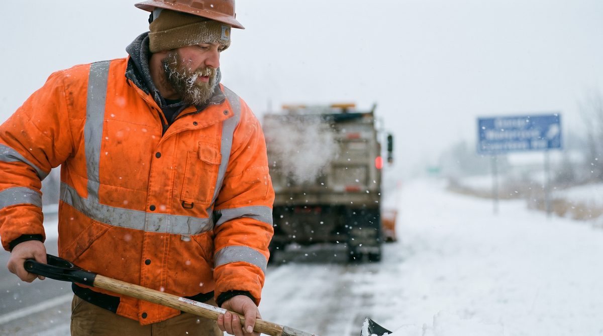 Road worker outdoors in falling snow