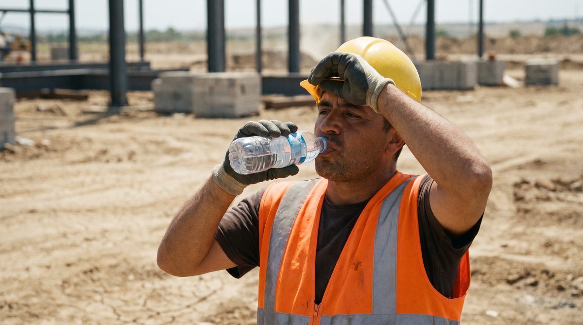 Construction worker drinking water in the blazing sun