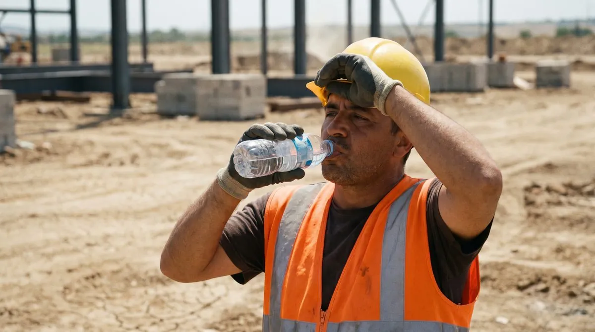 Construction worker drinking water in the blazing sun
