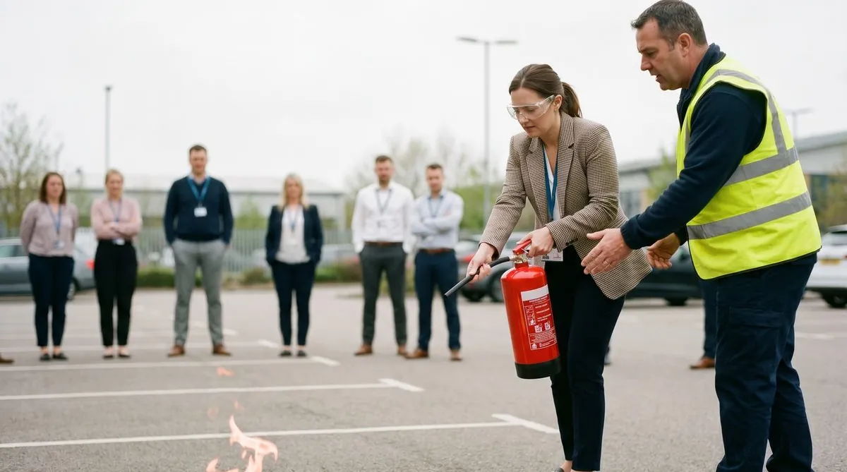 Practising with a fire extinguisher at a workplace fire safety training