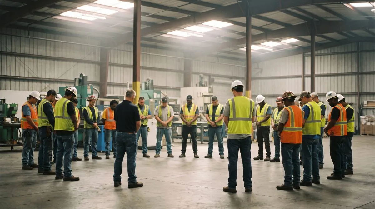 Group of workers at a commemoration in an industrial hall