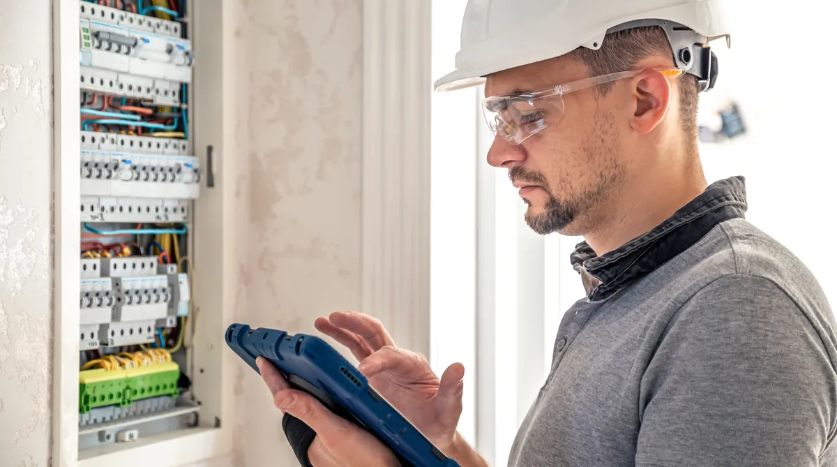 Electrical safety inspector checking a flat's distribution board and recording results on a tablet